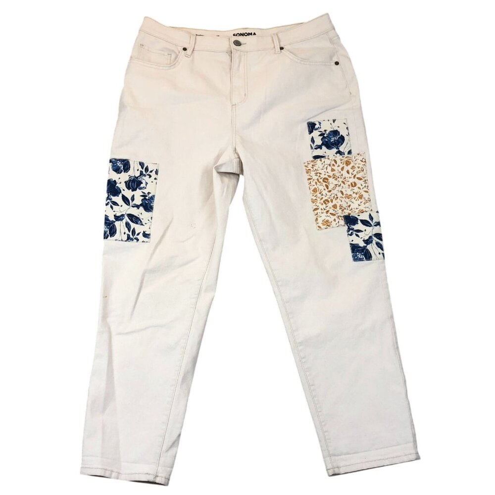 Sonoma Womens Boyfriend Jeans Size 16 Cream Floral Patches Straight Casual Y2K
